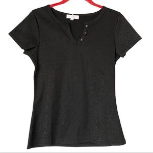 Black Shimmer Top with Rhinestone Neckline Short Sleeves